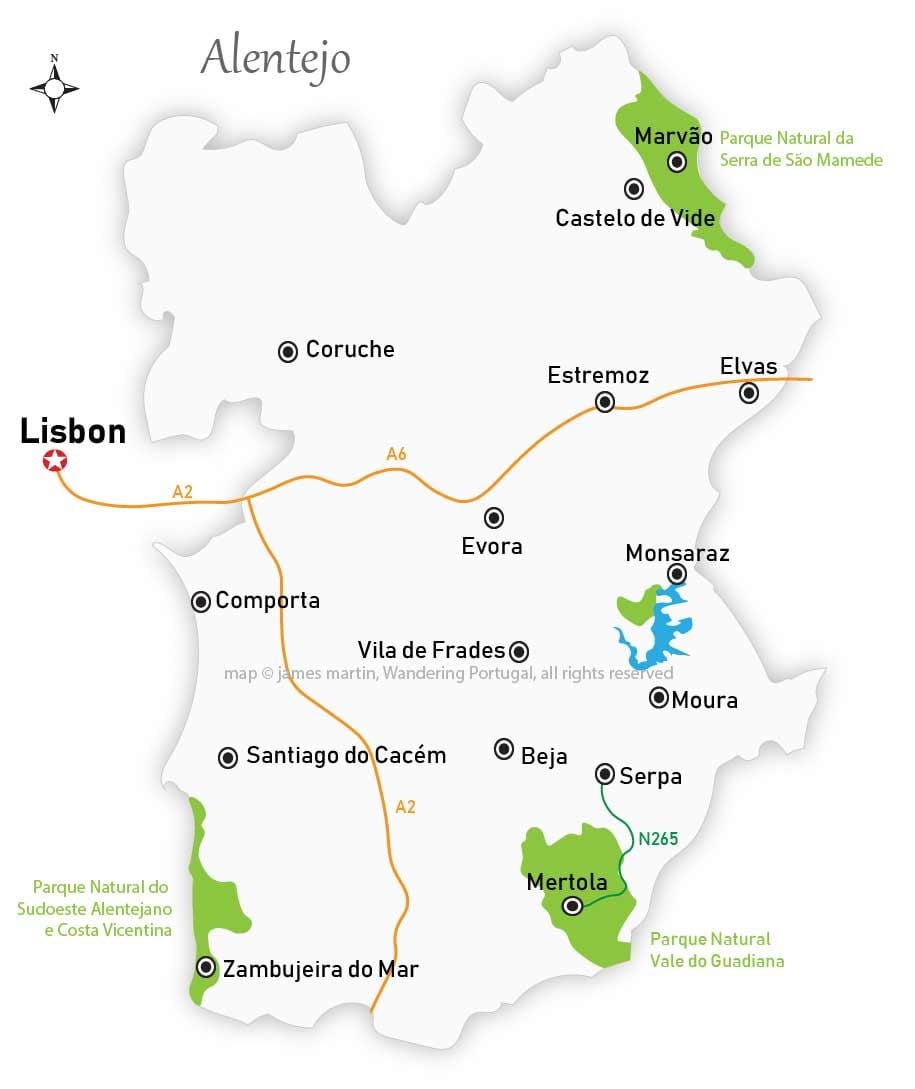 kaart van de Alentejo regio van Portugal