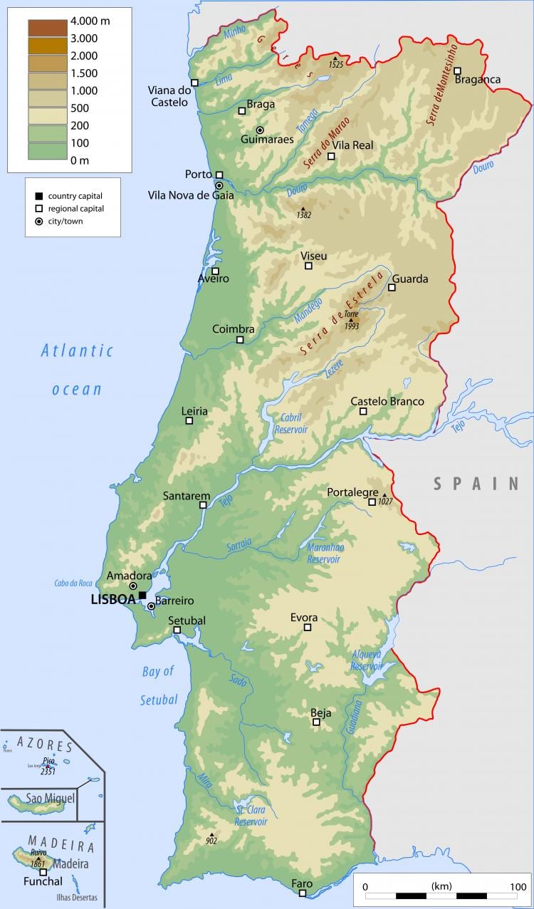 fysieke kaart van Portugal