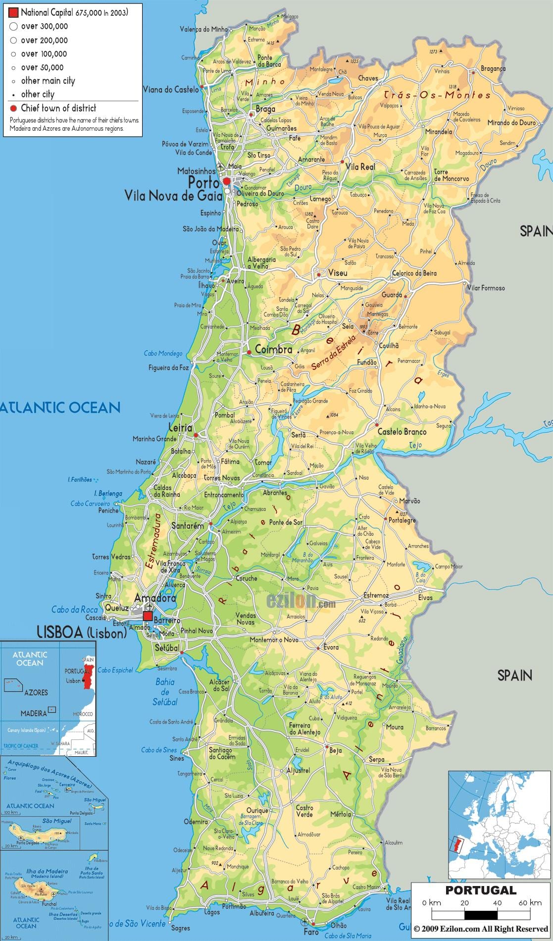kaart van Portugal geografie
