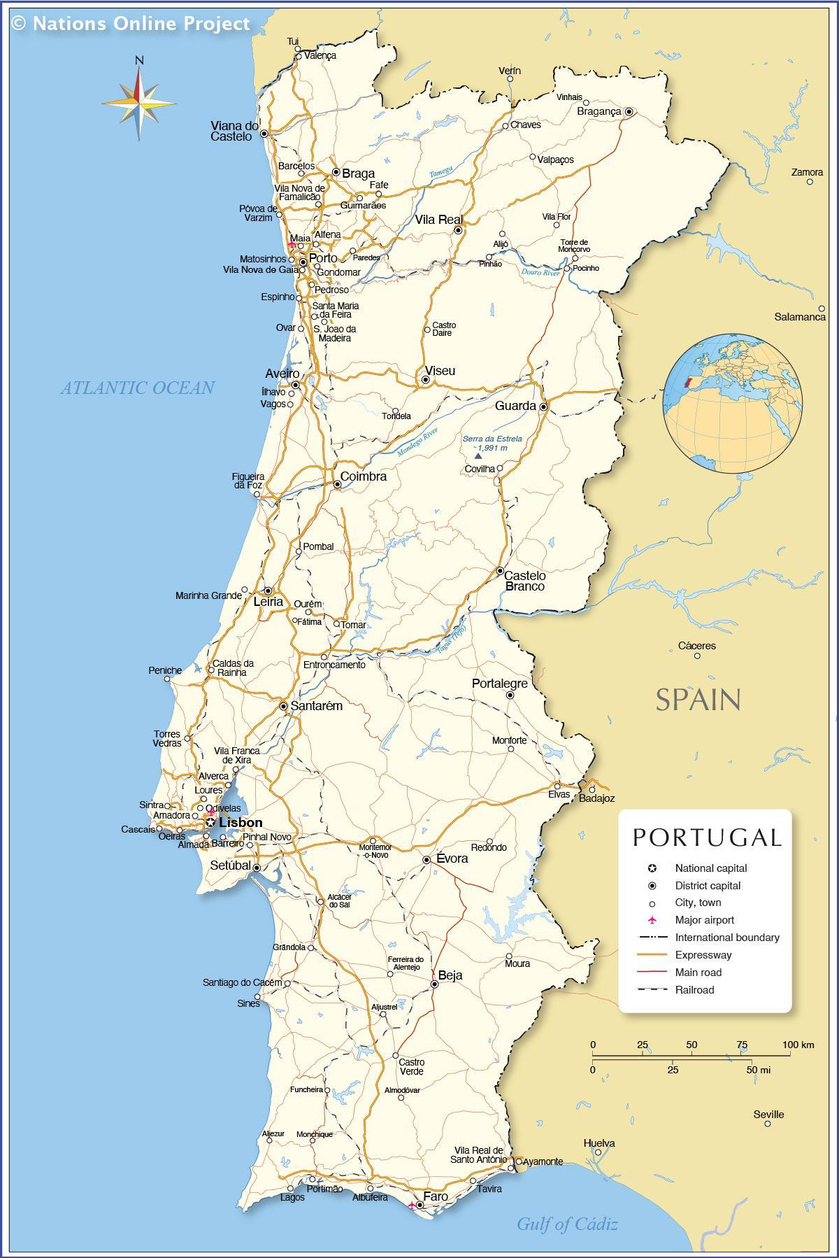 kaart van Portugal en de omliggende landen