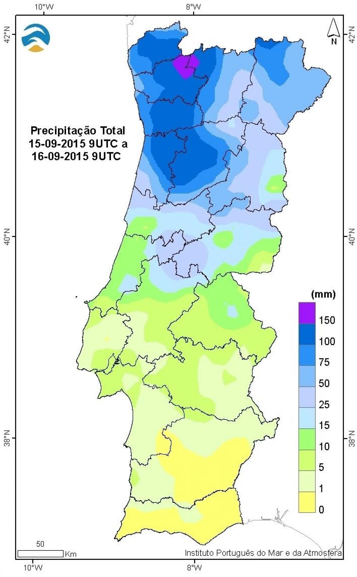 kaart van Portugal regen