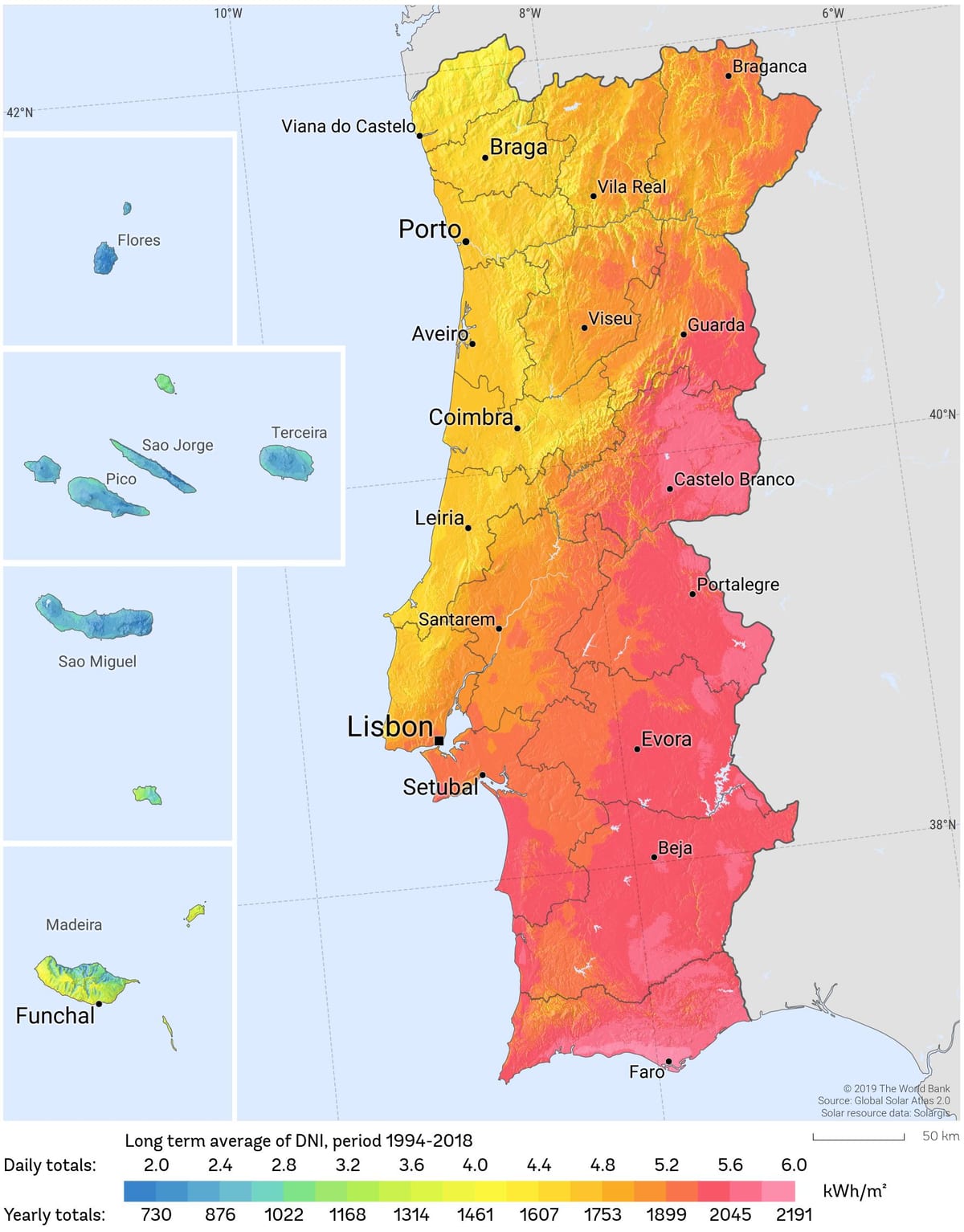 kaart van Portugal zon